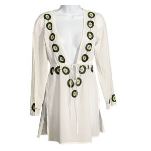 Eva Zissu Small Swim Cover Up Drawstring Cotton V Neck Boho Colorful Embroidered
